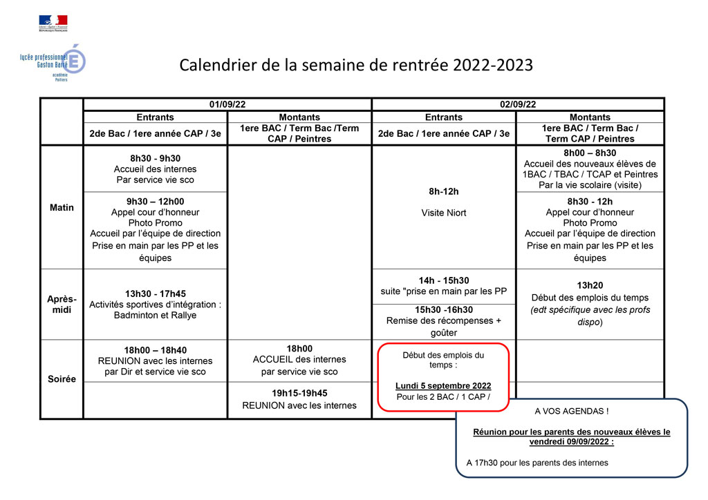 calendrier 2022